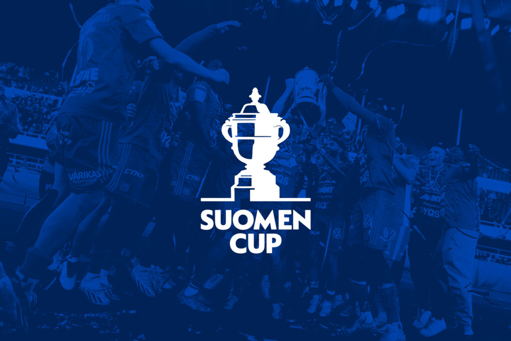 Sininen kuva Ilves pelaajista, jonka päällä komeilee Suomen Cupin valkoinen pokaalitunnus.